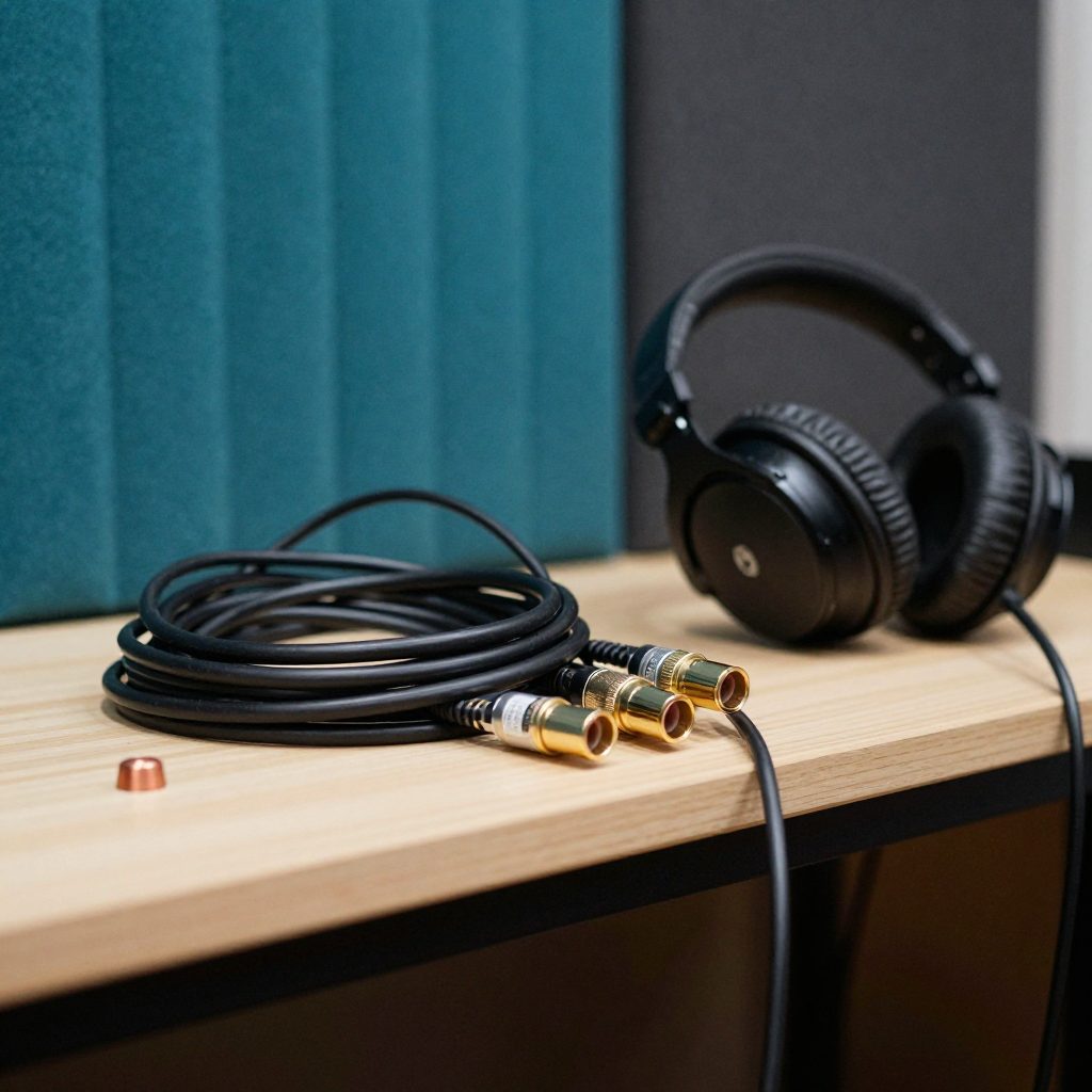 Coiled XLR cables and headphones on a shelf