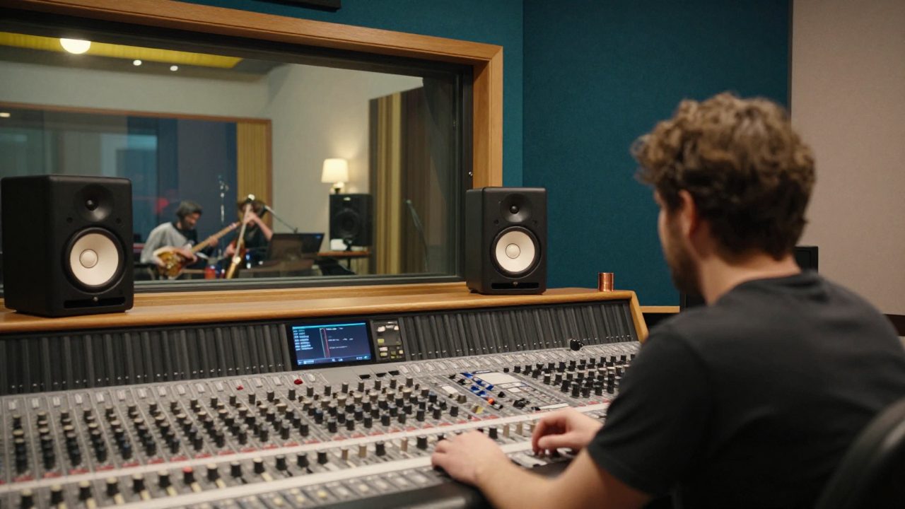 Engineer achter de mengtafel met zicht op live room