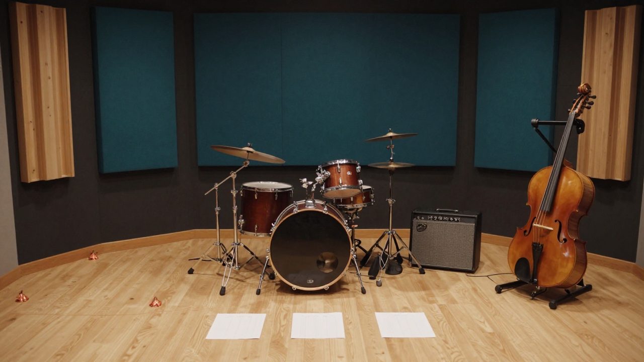Empty rehearsal corner with drums and amplifiers