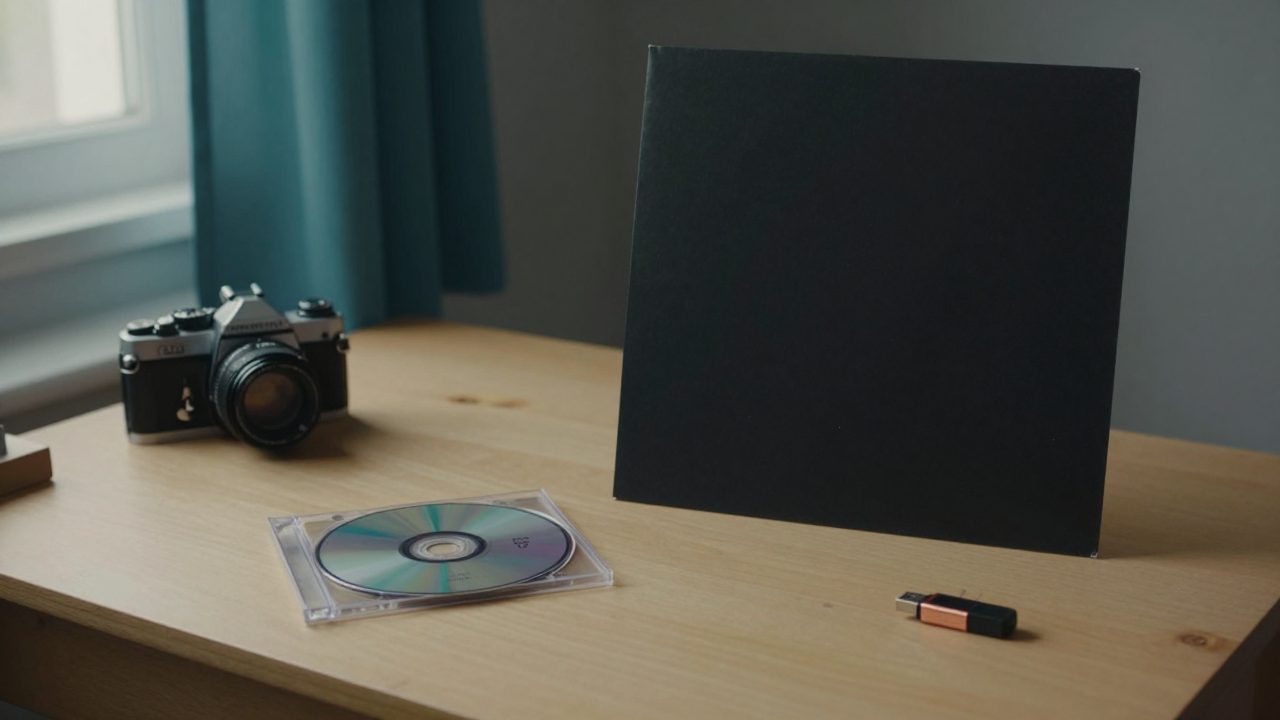 Vinyl, CD case and USB stick on a table