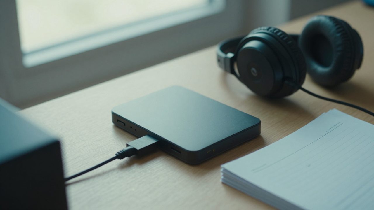 External drive, headphones and track sheets on a desk