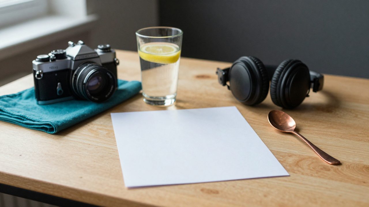 Lemon water, headphones and blank lyric page on a table