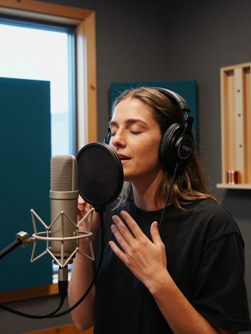 Singer with headphones at the microphone in the booth