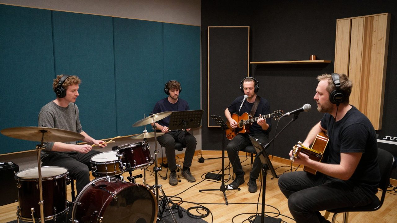 Band playing together in the live recording room