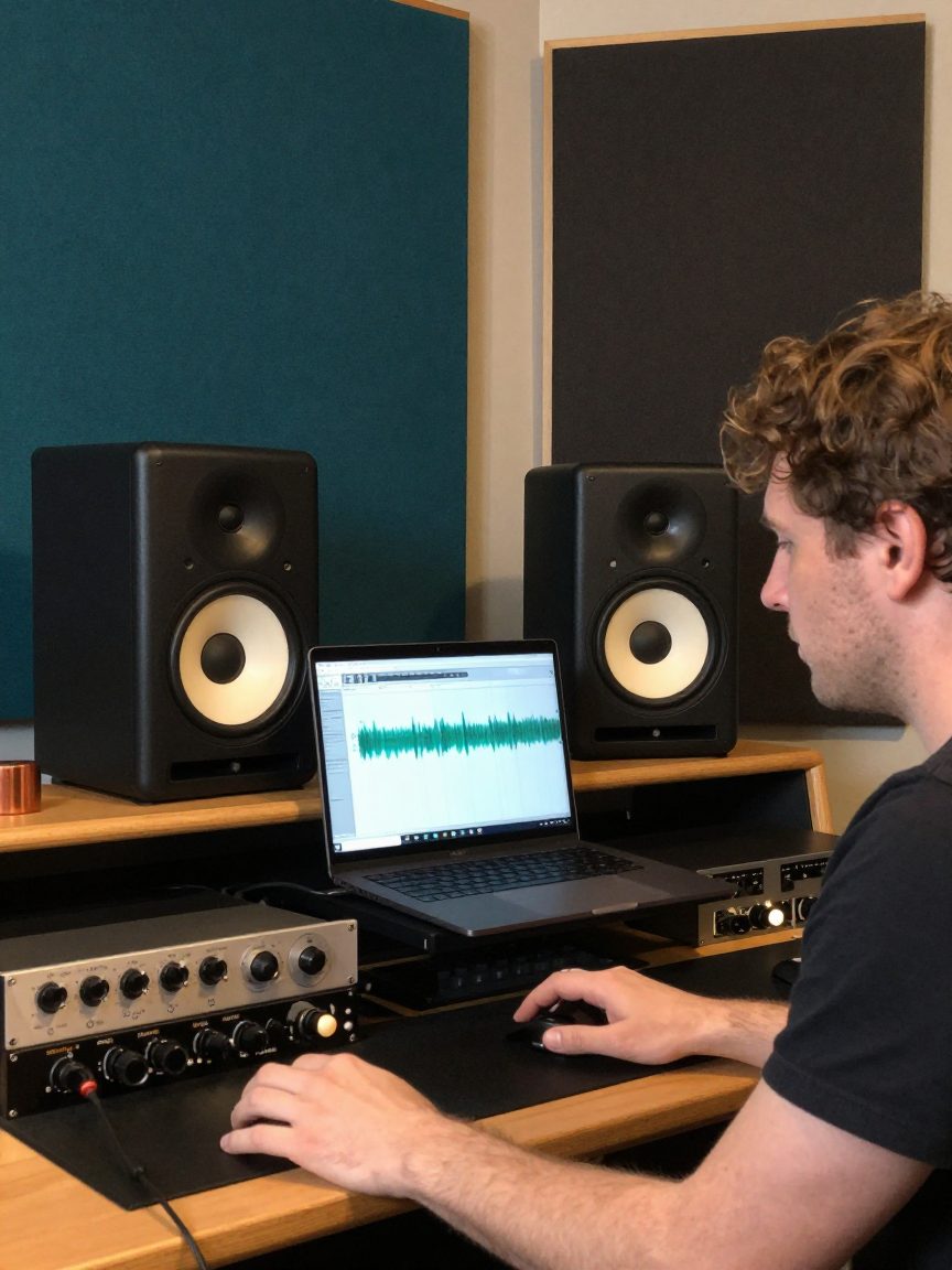 Mastering engineer listening between two studio monitors
