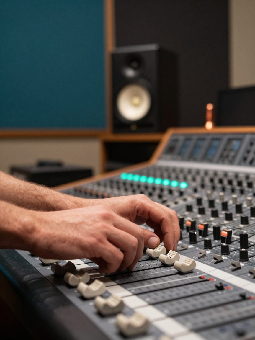 Hands on the mixing console faders in the control room