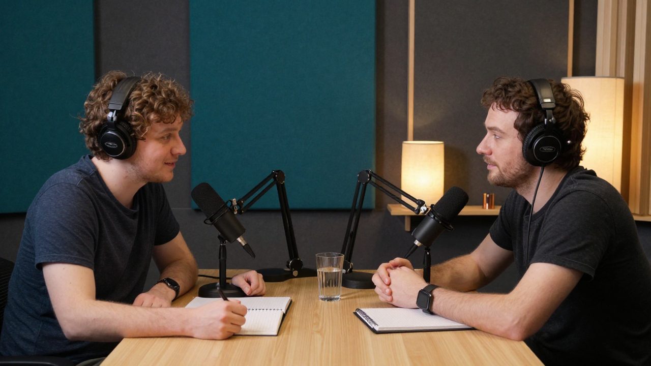 Two guests with headphones at a podcast table