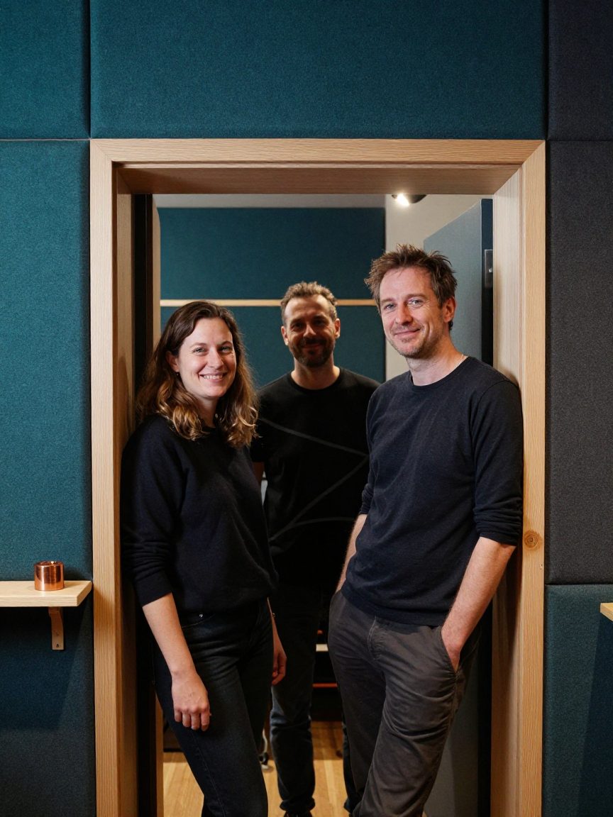 Drie teamleden van Murkiernode bij de regiedeur