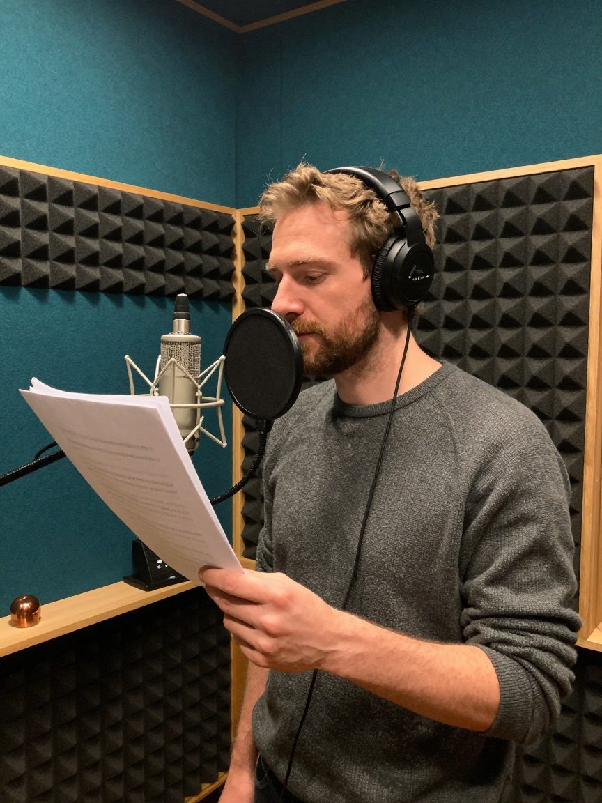 Voice-over artist in the vocal booth with pop filter